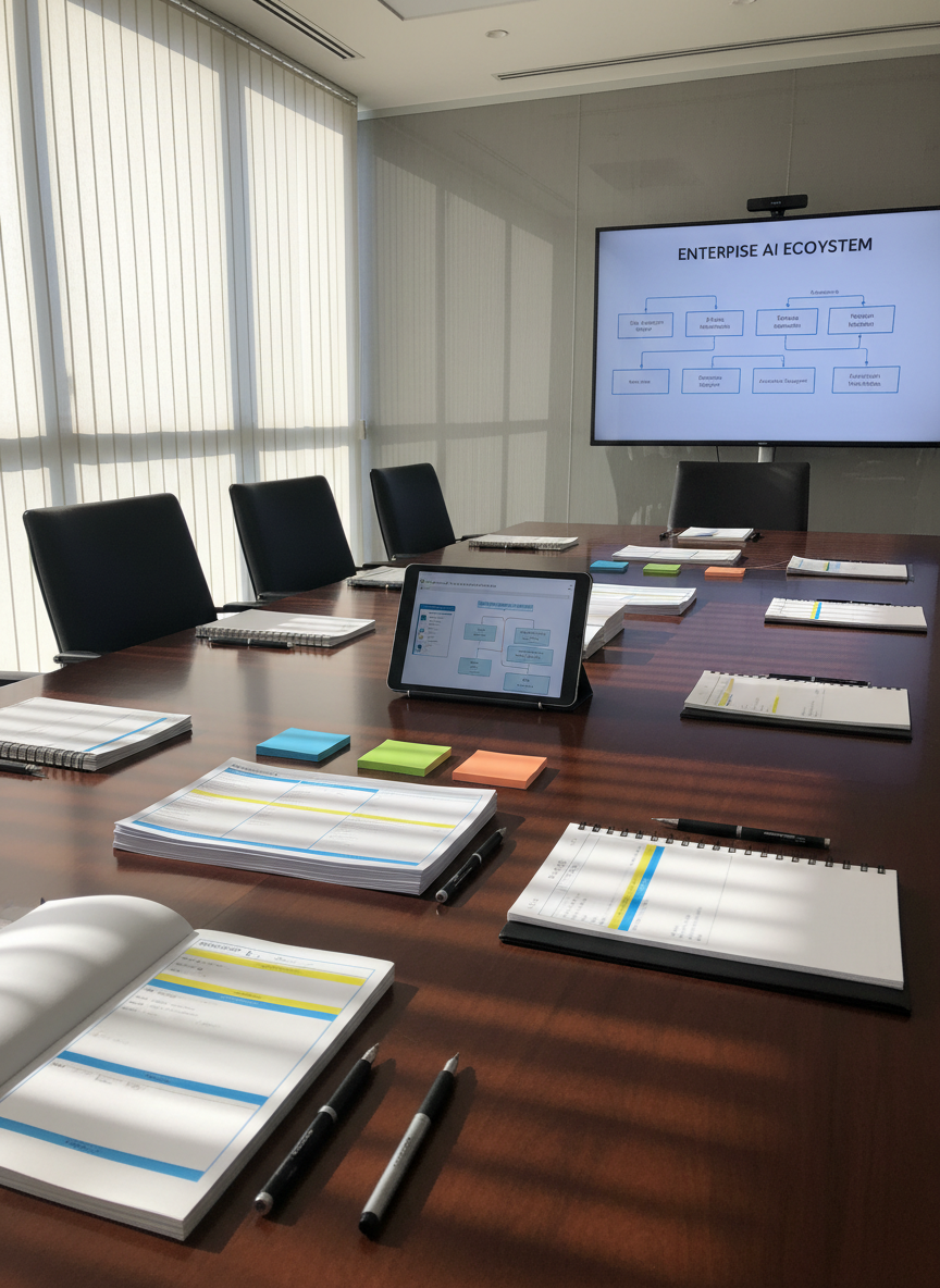 A polished conference table made of dark walnut occupies the center of a bright, glass-walled meeting room. On the table lie neatly arranged materials for a prompt engineering workshop: printed prompt templates with highlighted sections, color-coded sticky notes, fine-tip pens, and an open tablet showing a structured prompt framework. A large wall-mounted screen in the background displays a clean diagram of an enterprise AI ecosystem. Natural daylight floods in through tall windows, softened by translucent blinds, casting long, refined shadows on the tabletop. Photographic realism, slightly elevated angle, balanced composition emphasizing the tabletop details, overall atmosphere calm, focused, and executive, reflecting high-level consulting and structured collaboration without any human presence.